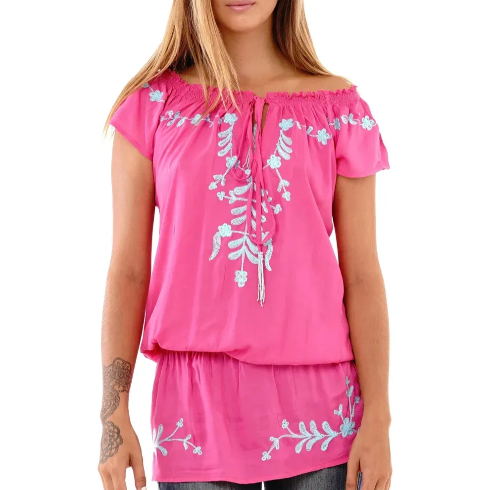 Damen Sommer Boho Blumenstickerei mexikanische Tunika bohemianische Vollarmücken lässig mit schweren Rüschen Damen Oberteile Shirt Bluse