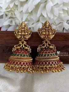 Pendientes Jhumka de Alta Calidad, Chapados en Oro, con Cristales y Diamantes de Imitación, Estilo Étnico Tradicional del Sur de la India, Set de Joyería para Novia - Product Image 6
