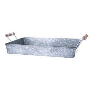 Bandeja galvanizada de hierro de bajo precio con mango de madera Bandeja para servir Fabricante de bandejas de vino decorativas galvanizadas. - Product Image 1