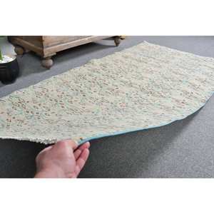 Tapis Turc Vintage Moderne Beige Bleu 3.3 X 6.5ft Fait Main Laine Latex Grand Rectangle Peluche Classique Patchwork pour Couloir - Product Image 4