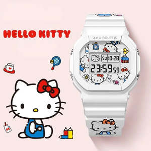 นาฬิกาดิจิตอลกันน้ำลายเฮลโลคิตตี้สีขาว หน้าปัดอนาล็อก สายเรซิ่น จับเวลา ปลุก ปฏิทิน ดีไซน์สปอร์ตทรงเหลี่ยมสไตล์วินเทจ - Product Image 4