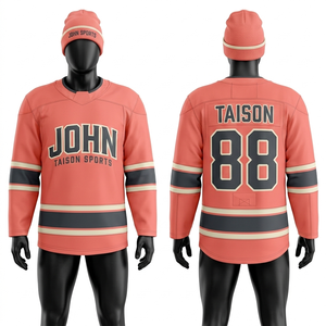 Maillot de hockey sur glace pour hommes, 220 GSM, maille polyester athlétique, rouge, gris, blanc, panneau rayé, nom et numéro personnalisés, sublimation - Product Image 2