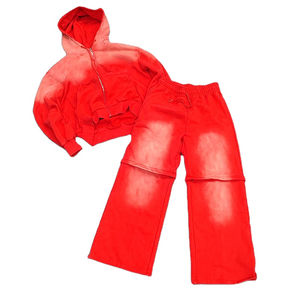 Chándales de lana de algodón 100% de 465gsm para hombres, pantalones acampanados con lavado ácido, traje de sudor desteñido por el sol, sudaderas con capucha boxy con cremallera, suéteres para correr - Product Image 1