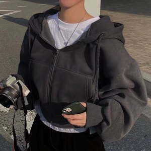 Sweat à capuche bleu marine pour femme 100% coton doublé d'insfleece Zip-up Cropped Slim Silhouette lisse pour le printemps automne hiver - Product Image 4