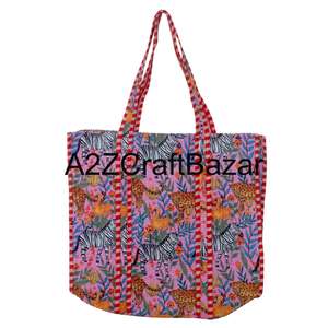 Bolsa de Mano de Algodón Hecha a Mano Ecológica para Mujer, Estilo Bohemio con Estampado de Bloques Acolchados, para Compras y Uso Diario - Product Image 2