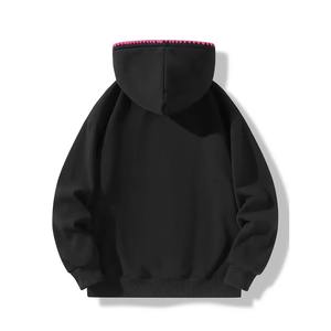 Sweat-shirt à capuche mi-zippé pour hommes et femmes en gros Noir/Accents roses Doublure contrastée Capuche à cordon réglable Poche kangourou - Product Image 2