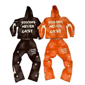 Streetwear vintage personnalisé ensemble de jogging impression par transfert de chaleur lavage à l'acide 100% coton survêtement sweat à capuche droit évasé - Product Image 2