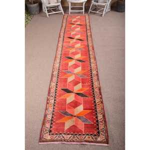 Vintage Turkish Rug, 2.7x13.4 ft <b>Runner</b> Rug, <b>Red</b> Orange Plants & trees Rug - Product Image 1