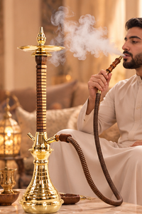 Handcrafted Traditional Bent Type Table Top Fluted Wooden Tower <b>Hookah</b> <b>Shisha</b> with Brass Body - Product Image 5