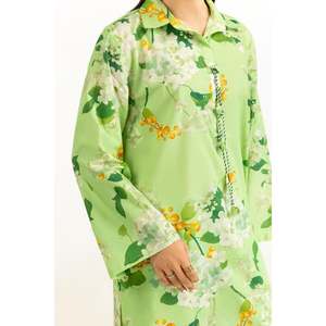 Ensemble coordonné imprimé en tissu cambric vert clair pour femmes, tenue décontractée en short 2 pièces, tailles XS-XXS pour les saisons printemps/été - Product Image 4