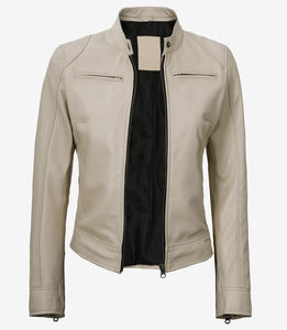Fabricant sur mesure OEM Vestes en cuir blanc à fermeture éclair sur le devant pour femmes Vestes en cuir véritable personnalisées - Product Image 5
