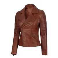 Chaqueta Corta de Cuero 100% Genuino para Mujer, Color Marrón, Tejida, Ecológica, Transpirable, de Secado Rápido, con Cierre de Cremallera, Moda al por Mayor