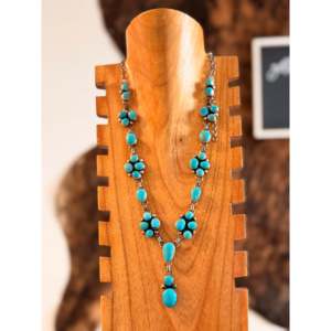 Collier Lariat Bohème Vintage Kathleen Livingston Kingman en Argent Sterling Turquoise avec Motif Floral et Numérique – Cadeau Religieux - Product Image 1