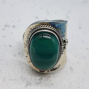 แหวนช่างฝีมือโบฮีเมียนสีเขียวโอนิกซ์925สเตอร์ลิงเงินปรับได้สายรัดหินหนาธรรมชาติที่มีเพชรหลักมุก - Product Image 4