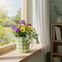 Jardinière en métal à carreaux vertes durables personnalisée avec poignée |   Mini pot de fleurs en forme de seau pour la décoration intérieure et extérieure, jardin, cadeau