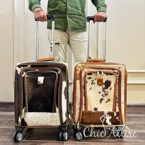 Real Handmade Hair on Hide Cowhide Leather Luggage <b>Trolley</b> Bags Personalized Weekender Overnighter <b>Trolley</b> Luggage With Wheels - Product Image 1