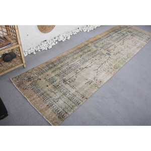 พรมขนาด 2.8x10.1 ฟุต, พรมตุรกีโบราณ, พรมขนสัตว์สีเบจ-น้ำเงิน - Product Image 4