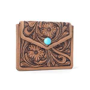 Hot Selling High Quality <b>Women</b> Credit <b>Card</b> <b>Holder</b> Handmade Genuine Leather Hand Tooling Button Closure Bohemian Western Fashion - Product Image 2