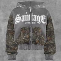 Sweat à capuche court pour homme 100 % coton molletonné, coupe carrée, délavé à l'acide, avec impression numérique personnalisée et fermeture éclair entièrement ornée de strass, collection Printemps
