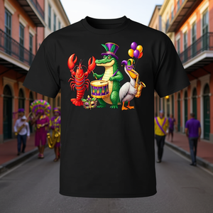 T-Shirt Promozionale Mardi Gras New Orleans Louisiana con Alligatore, Gambero e Pellicano - Product Image 3