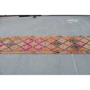 Vintage 2.3x12.9 ft Rug, Runner Turkish Rug, <b>Brown</b> Pink Persian <b>Wool</b> Rug - Product Image 3