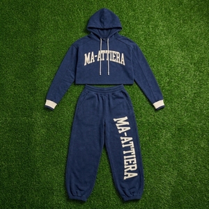 Conjunto Deportivo Personalizado para Mujer, Sudadera Corta Azul Marino y Pantalones Anchos de Felpa, Ropa Deportiva Urbana, Venta al Por Mayor OEM - Product Image 6