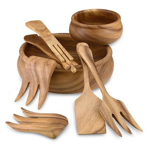 Fancy Acacia Wood Salad Bowl Set With Serving Utensils Handcrafted Natural Finish Food Safe Wood Serving Bowl For <b>Kitchen</b> Dining - Product Image 5