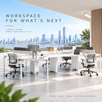 Bureau de coworking pour 6 personnes, configuration groupée avec cloisons en tissu et prises de bureau intégrées pour un espace de travail flexible