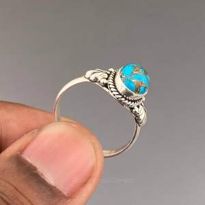 Anillo de Plata de Ley 925 con Engaste Clásico de Bisel y Piedra Preciosa, Turquesa Azul Genuina, para Boda, Fiesta, Aniversario - Product Image 4