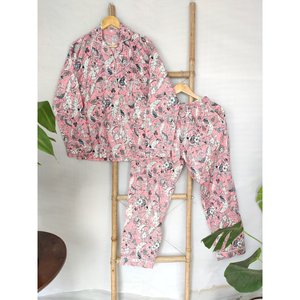 Hand-Block Printed Indian Cotton Pyjama Set Pastel Rose Floral Soft Woven Nightwear for Spring Season - Product Image 1