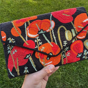 California poppies <b>bag</b>, Handmade Beaded clutch <b>bag</b>, floral beaded clutch, evening party <b>bag</b> with <b>string</b>, Gift for her, - Product Image 1