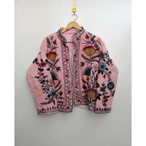 Chaqueta Varsity Acolchada de Algodón Indio con Cuello Mandarín, Bordada a Mano, Reversible, de Satén, Estilo Boho, Talla XL, Prenda Exterior Sostenible - Product Image 1