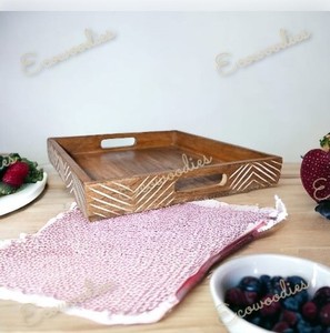 ถาดเสิร์ฟไม้ไผ่แบบมีมือจับถาดไม้ไผ่แกะสลักแบบชนบทสำหรับเสิร์ฟเครื่องดื่มชากาแฟ - Product Image 2