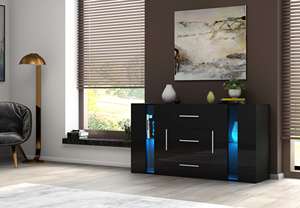 Buffet moderne noir brillant avec éclairage LED, 3 tiroirs, meuble de rangement pour salon, credenza - Product Image 3