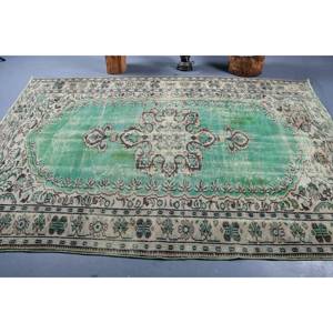 Alfombra turca vintage de 5,7x8,7 pies, diseño de retazos de lana verde y beige, respaldo de látex para el hogar, estilo rectangular, Tabriz - Product Image 3