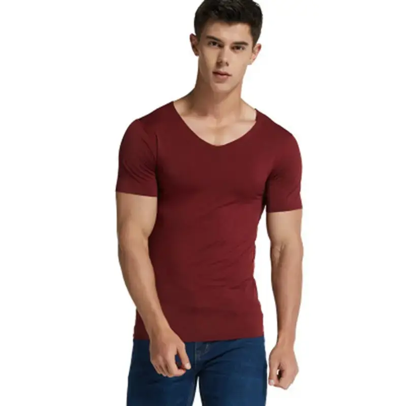 Vente en gros T-shirt col en V en modal bambou pour homme manches courtes chemise ado surdimensionné grande taille t-shirts pour hommes
