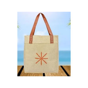 Sac sophistiqué en lin de jute éco-luxe avec motif d'écran et poignées en cuir à la mode à vendre - Product Image 5