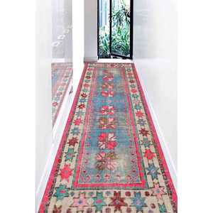 Alfombra Estampada - Patrón Azteca Navajo Anatolia Turco en Rosa y Azul, Alfombra Delgada No Tejida - Product Image 3
