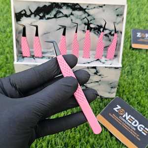 Pinzas de pestañas de acero inoxidable de Color rosa con punta negra, pinzas de extensión de pestañas con volumen de punta de fibra, logotipo personalizado - Product Image 3