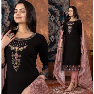 Elegante Maruti Fashion Pakistani-Style Kurta Pant Set para mujer Vestido de rayón suave con mangas largas Bandhani Dupatta Wedding - Product Image 1