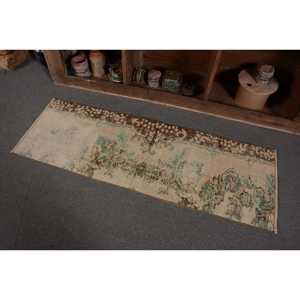 Alfombra turca Vintage 1,7X5 pies Beige Marrón Lana hecha a mano Área grande con diseño de retazos para la habitación de los adolescentes Pasillo Respaldo de látex - Product Image 3