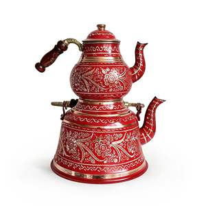 Service à thé en cuivre rouge artisanal classique arabe élégant de style anatolien Erzincan pour 10 personnes - Product Image 2