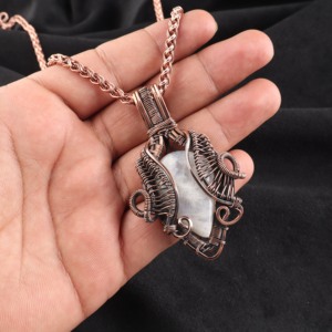 Elegant Pear Cut Rainbow Moonstone Copper Wire <b>Wrapped</b> Pendant White Stone Silver Plated <b>Bridal</b> Wedding Engagement Party Wear - Product Image 3