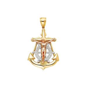 Élégant 14K Tri Couleur Or Mariner Christian Crucifix Croix Pendentif Haute Qualité Religieux Fine Jewelry - Product Image 1