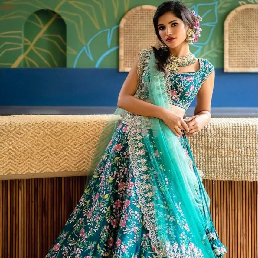 Desainer baru biru Aqua warna Dulhan Lehenga Choli, pernikahan Lehenga Choli, gaun pesta kain Satin Melayu