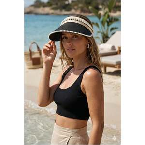 Chapeau de soleil en paille orné de perles noires, design en tricot fin, détail boucle, accessoire élégant HSR2088 - black2088 - Product Image 3