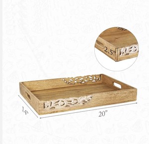 Bandeja de mesa de centro de madera de mango macizo tallada a mano Flourish, bandeja de madera grande tallada a mano, bandeja de madera decorativa para hoteles y restaurantes - Product Image 3
