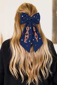 Lazo de Animadora con Cuentas de Tela Azul Marino y Pedrería, Cola Larga, Personalizado para Equipos, Hecho a Mano, para Eventos Deportivos y Días de Juego, Accesorio para el Cabello - Product Image 5