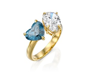 Bague de mariage en diamant de laboratoire de 3 carats avec cœur et poire en or blanc 14 carats Fancy Blue et F Color VVS2 Clarity toi et moi ring - Product Image 3