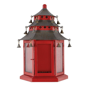 Elegant Grey Metal And Glass Pagoda <b>Lantern</b> With Handle <b>Gold</b> Trim Accents Indoor Outdoor Hanging Candle Holder For Home Garden - Product Image 3